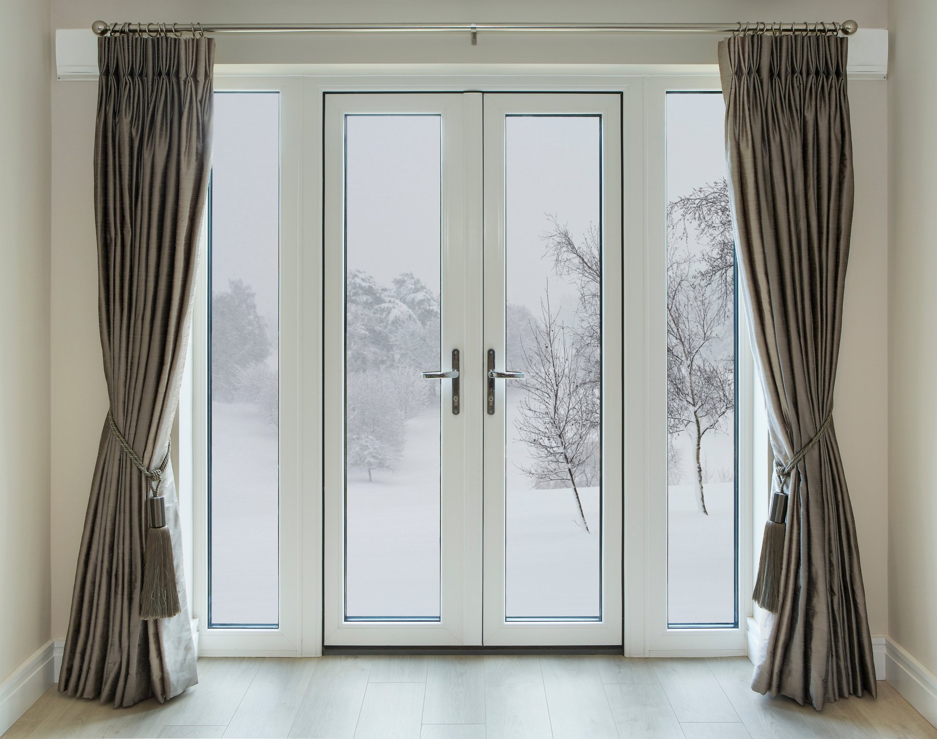 French doors with winter view