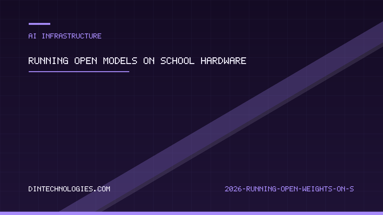 An abstract diagram showing a small open-weight model fitting inside the memory of a modest desktop, with lesson material bundled beside it